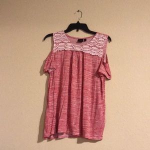 Red and white thin striped cold shoulder top.